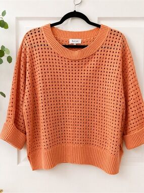 Korye Women's Open-Knit Crewneck Sweater in Coral Orange